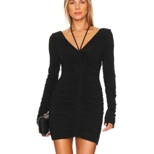 A.L.C Violet Ruched Stretch Jersey Long Sleeve Black Mini Dress, Size XL